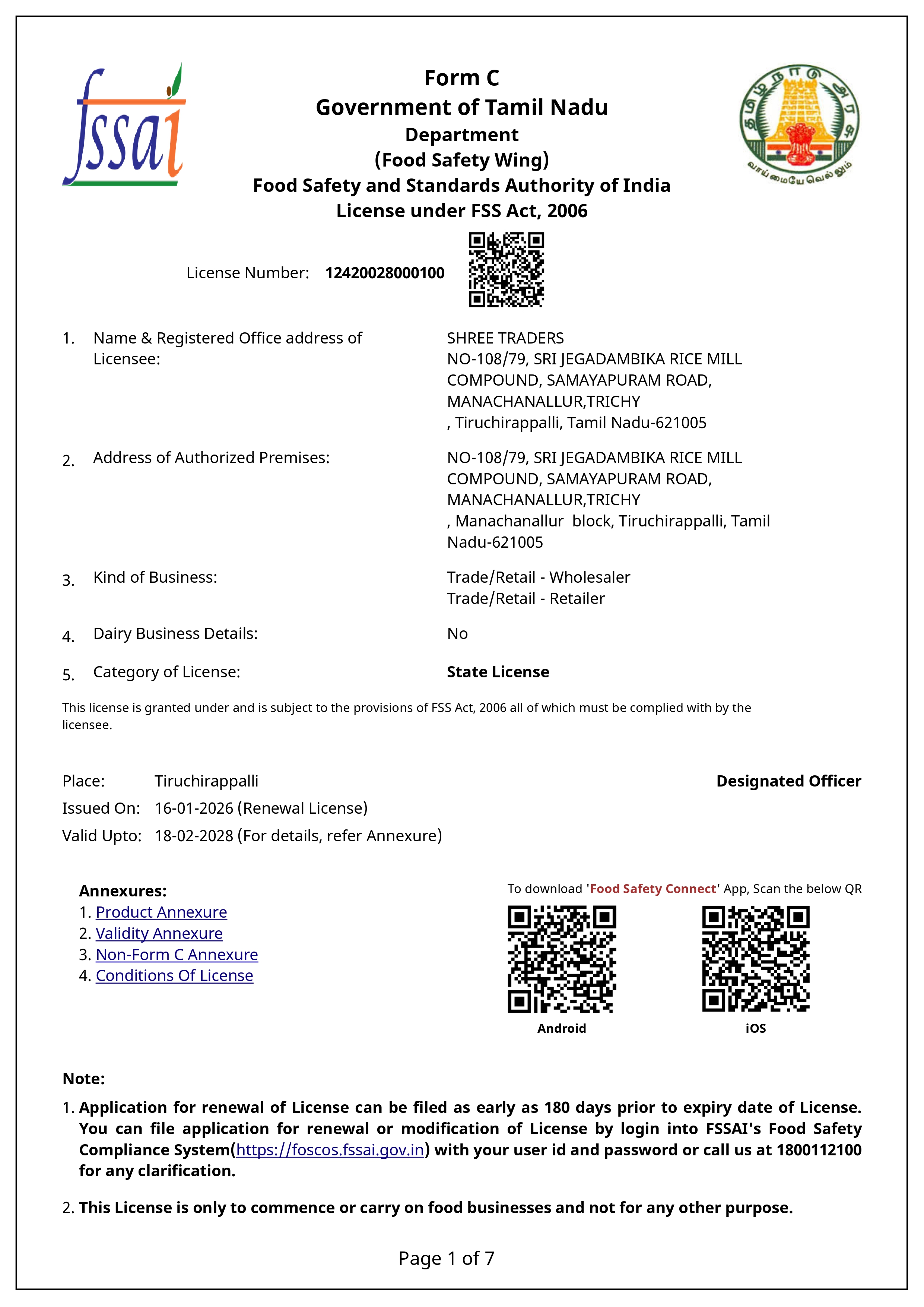 Official FSSAI Registration Certificate for Shree Traders